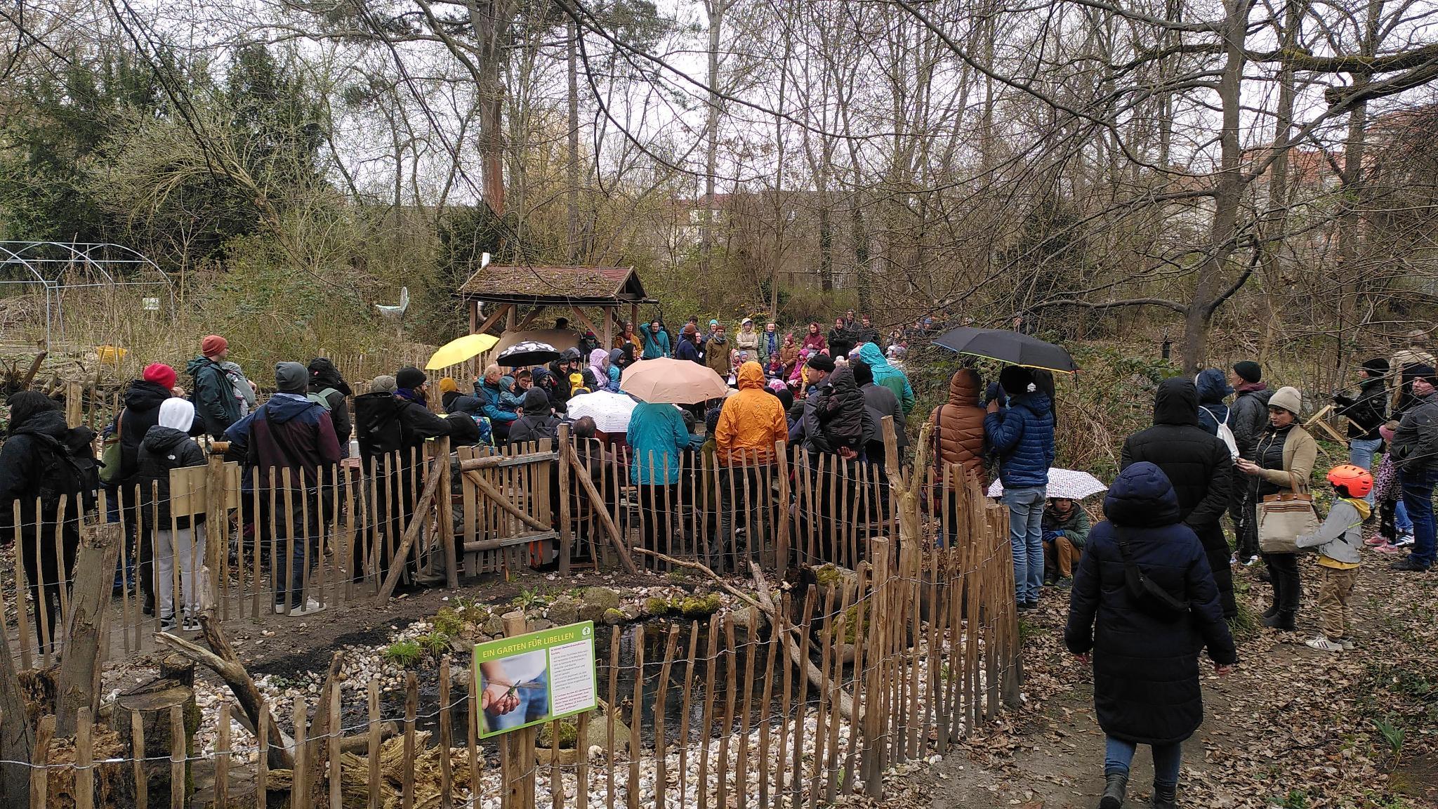 Viele Menschen mit Regenschrimen haben sich trotz schlechten Wetters im Stadtgarten Connewitz versammelt, um beim Vogelspaziergang dabei zu sein